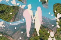 Illustration of two people holding hands with aerial tree canopies collaged in the background.
