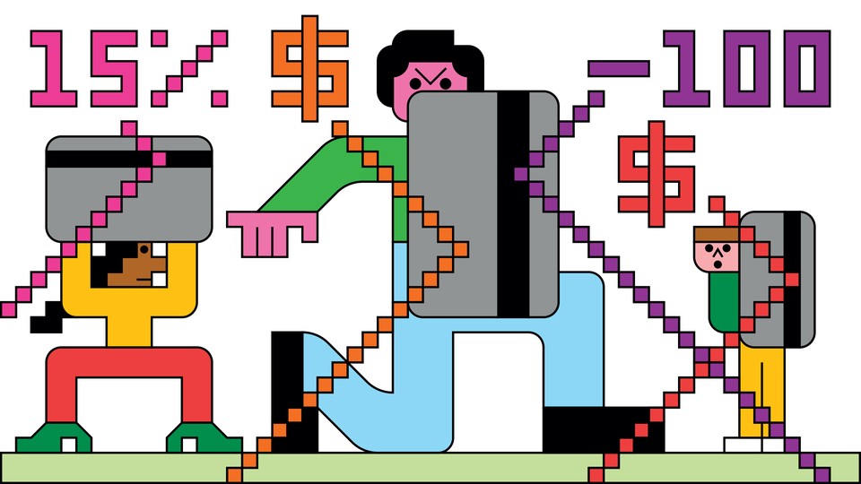 three figures deflecting percentages with debit card shields