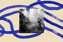 A photo of a firefighter extinguishing a burned out area in Ukraine, bordered by an illustration