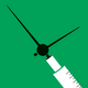 An illustration of a vaccine syringe with the needle made to look like a clock.