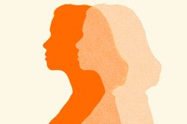 The orange silhouettes of two women overlap
