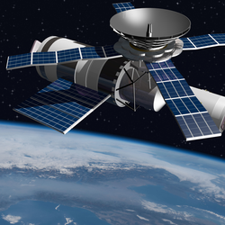 Graphic rendering of a satellite flying above Earth
