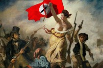 A painting shows a woman carrying an anti-vaccine flag and leading men to battle.