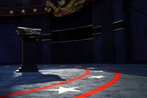 An empty TV stage for a presidential debate