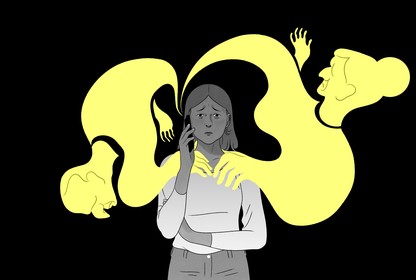 An illustration of a young woman on the phone with visages of parents haunting her