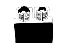 An illustration of two people in bed, looking at crosswords