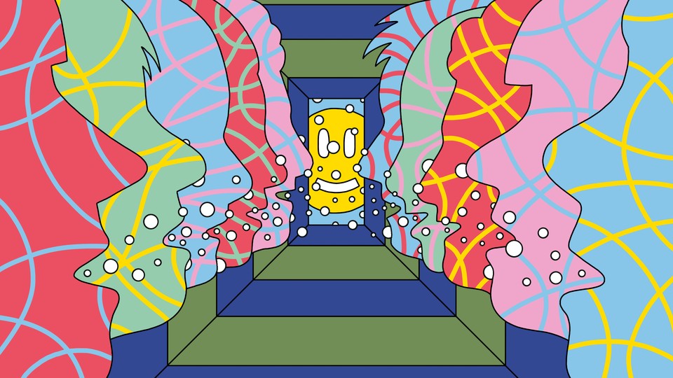A colorful illustration of mirrored human side profiles forming a tunnel toward a yellow smiley face at the center