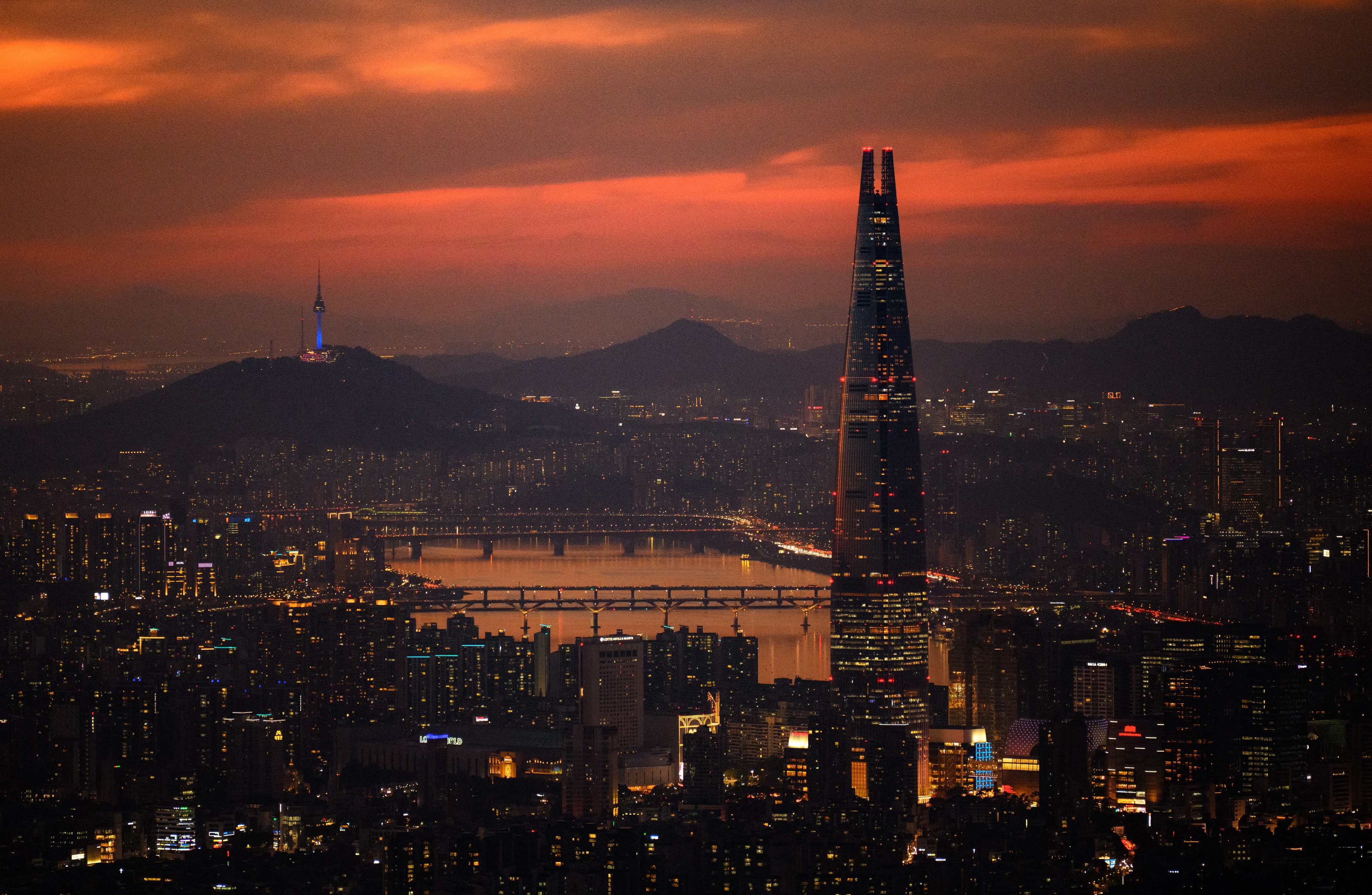 A nighttime view of part of the skyline of Seoul