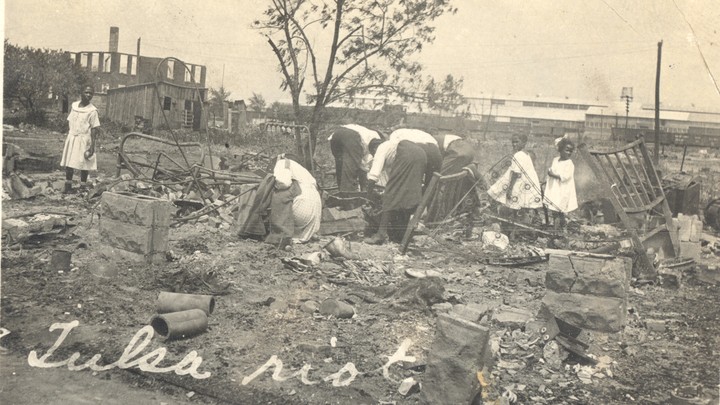 The aftermath of the Tulsa Race Massacre, during which mobs of white residents attacked black residents and businesses of the Greenwood District in Tulsa, Oklahoma, US, June 1921.