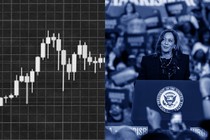 A diptych showing Kamala Harris and a stock-market graph