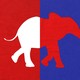 An elephant half in red and half in blue