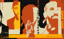 Collage in beige, red, black, and yellow of images of Kendrick Lamar and Drake