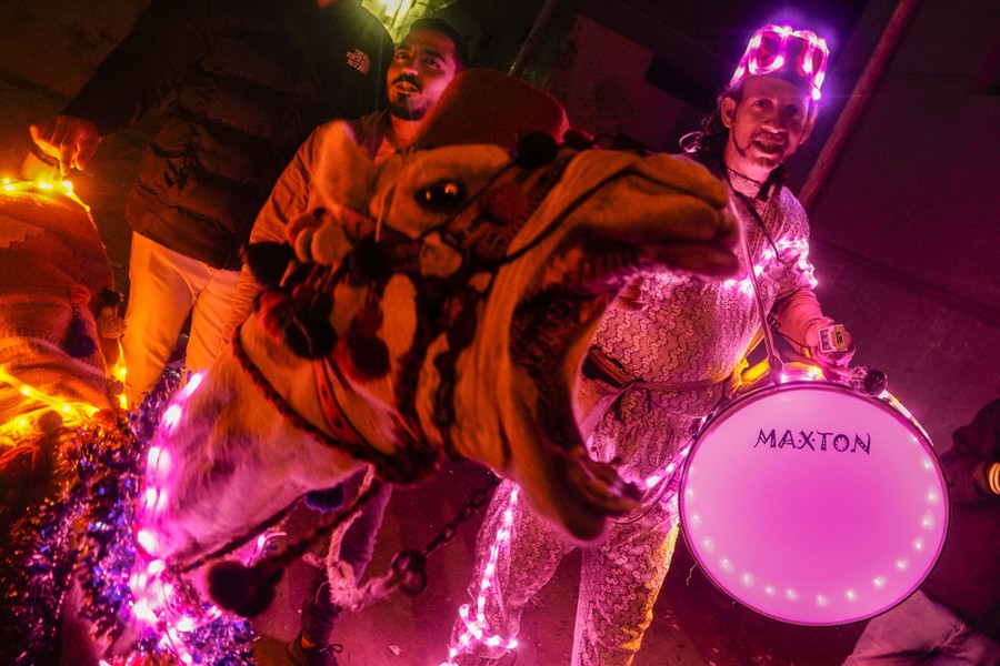 A man with a drum stands beside a camel decorated in colorful lights.