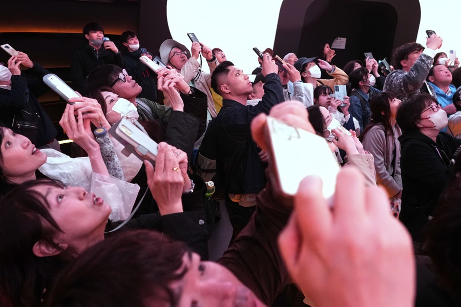 A crowd of visitors looks upward, many using their phones to take pictures.