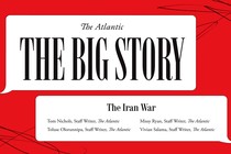 Black text in a white speech bubble on a red background that reads: The Big Story The Iran War
