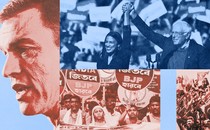 A collage of photos shows Pedro Sanchez, the Indian leftist party, Bernie Sanders and Alexandra Ocasio-Cortez, and a Turkey Workers Party rally