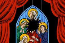 a broken stained glass window hanging on a theater stage