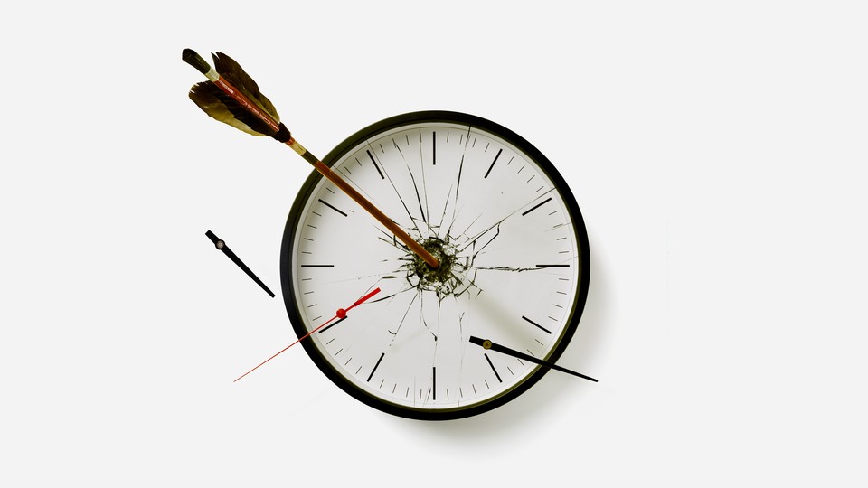 A photo illustration of an arrow puncturing a clock
