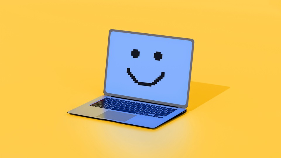 An illustration showing a pixelated smiley face on a laptop screen.
