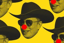 Black-and-yellow graphic of Elon Musk's face in a repeating pattern, with red clown noses added