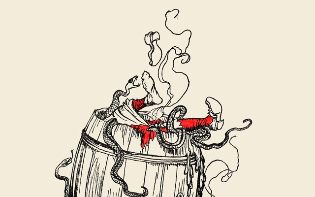 An illustration of a man in a barrel of snakes.