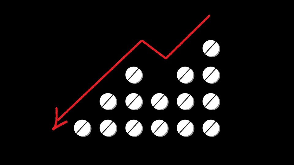 Illustration of pills with a downward-pointing line chart