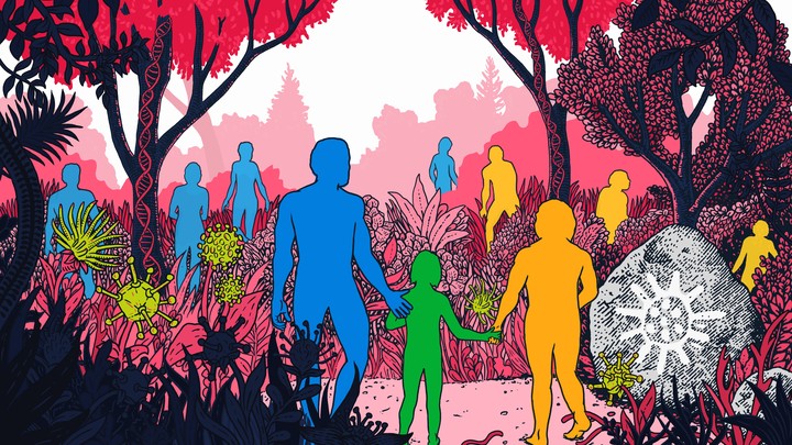 An illustration of humanoid figures navigating a landscape with giant microbes and strands of DNA