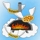 A flaming pizza oven floating in the sky with angelic pizzas surrounding