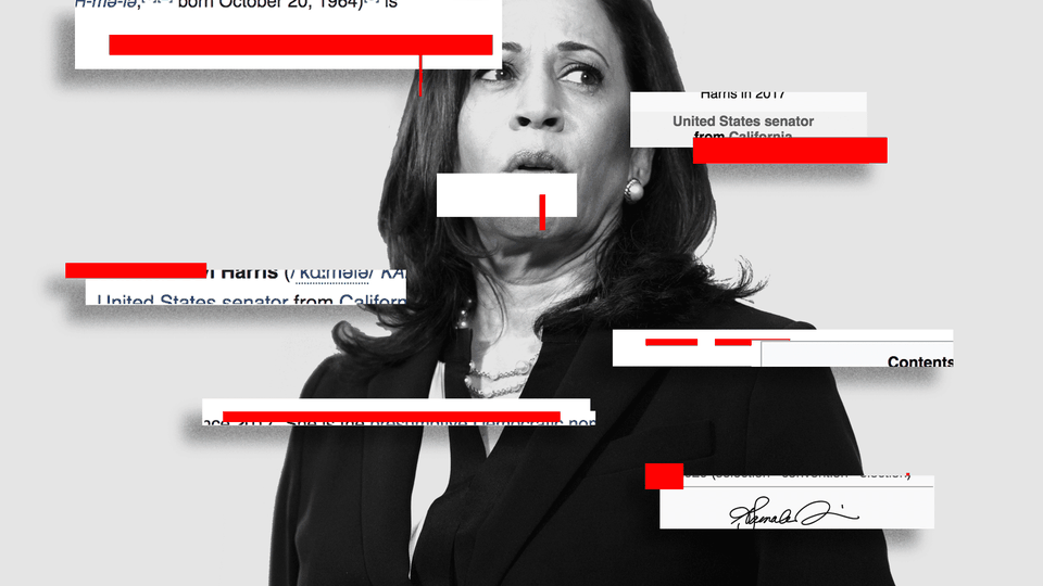 A photograph of Kamala Harris overlaid with screenshots of her Wikipedia page