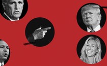 Photo mosaic of Trump, Greene, McCarthy, and DeSantis.