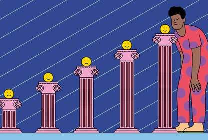 An illustration showing a man examining five pillars of happiness.