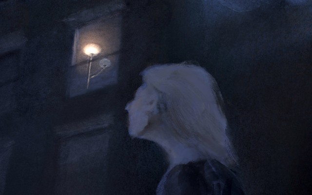 Illustration of night scene with woman looking up at window in building with one lamp lit