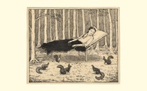 a modern sketch of a woman reclining in a woodland, surrounded by squirrels