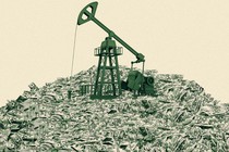 an oil derrick atop a pile of money