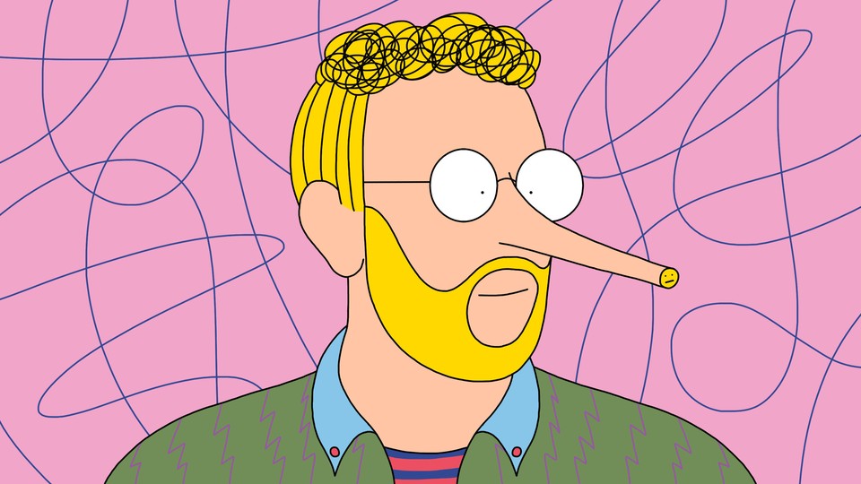 An illustration of a man wearing glasses. He has a Pinocchio nose with a "meh" face on the end of it.