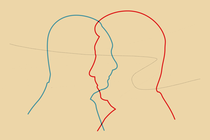 Overlayed side profiles of Xi and Putin in red and blue