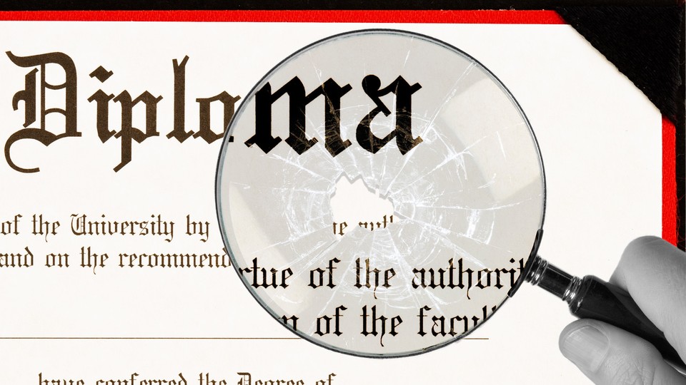A broken magnifying glass being used to examine a diploma