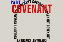 On an off-white background, the words "Part 7" are in blue; below that and larger is the word "Covenant" in red. Behind that, in black lettering, is the word "covenant" repeating in the shape of the outline of a stone tablet. The top of the arch is at the top of the page.