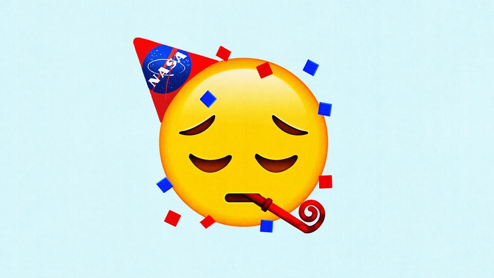 An illustration of a sad-faced emoji wearing a little party hat with NASA's logo on it