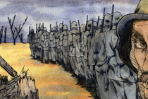 Long line of gray soldiers in desolate field, behind one somber mustached-soldier's face turning back toward the reader