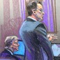 A courtroom sketch showing prosecutor Joshua Steinglass, right, speaking while Trump, left, sits in court
