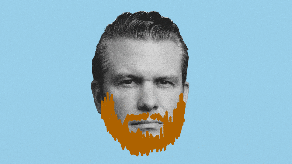 Gif of a black-and-white photograph of Pete Hegseth that rotates through different drawn-on facial hairstyles