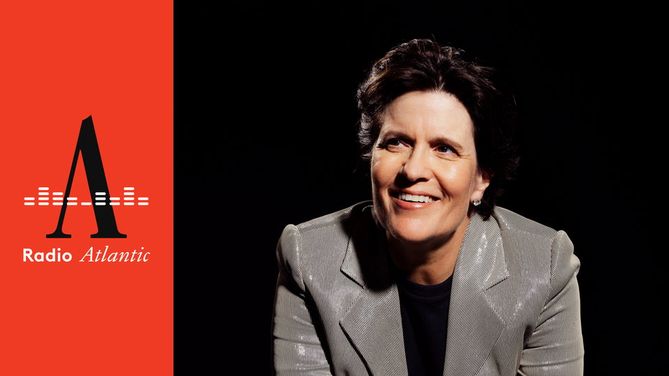 Photo of Kara Swisher next to the "Radio Atlantic" logo against a red background