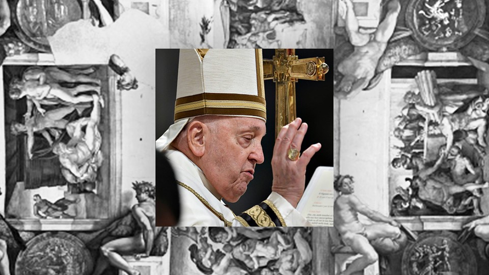 A photo of Pope Francis superimposed on Catholic art