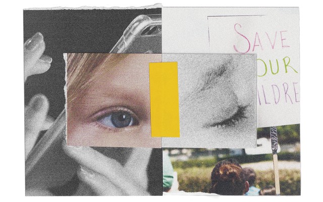 collage with color photos of child's open eye and a person holding a "Save Our Children" picket sign with black and white photos of fingers scrolling on a smartphone and child's closed eye
