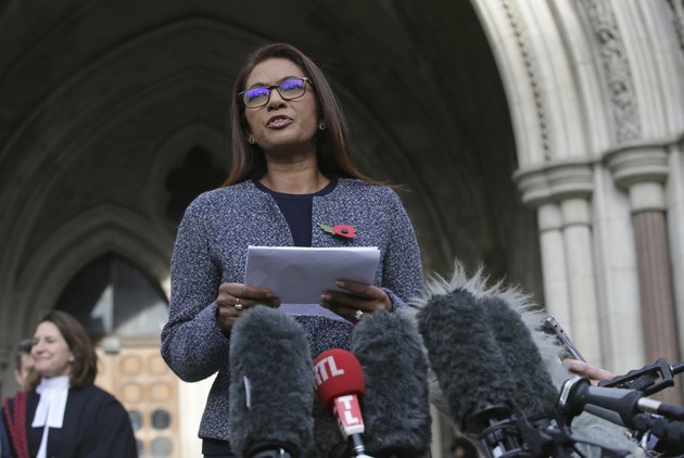Financial entrepreneur Gina Miller, one of the claimants who challenged plans for Brexit, speaks to the media outside the High Court in London, Thursday Nov. 3, 2016.