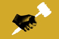 A graphic illustration of a hand gripping the white silhouette of a judge’s gavel, over a gold background.