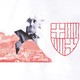 illustration with black-and-white photo of Franco cut into irregular shape over red halftone photo of Barcelona skyline with Sagrada Familia next to embroidered red crest or shield on white background