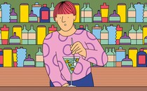 Illustration of a person mixing a martini of happy and sad faces in front of shelves of brightly colored bottles