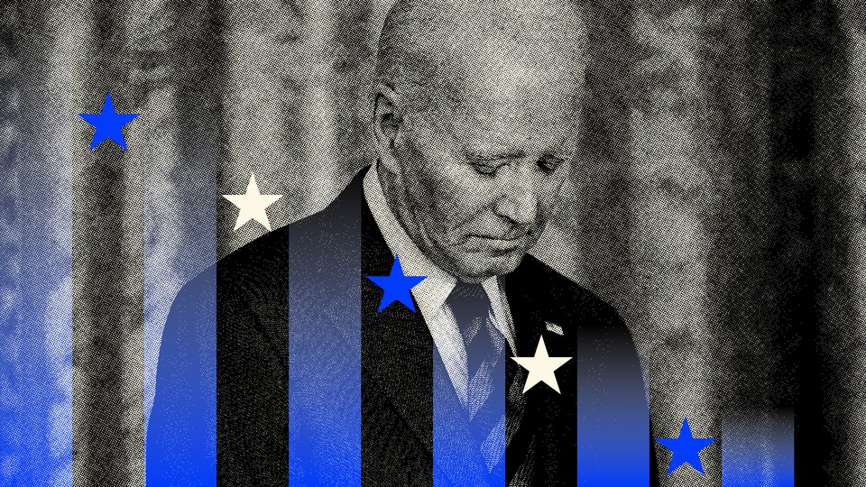 Photo-illustration of a black-and-white photo of Joe Biden looking downcast, overlaid with a graphic of blue-and-white stars and strips descending from left to right